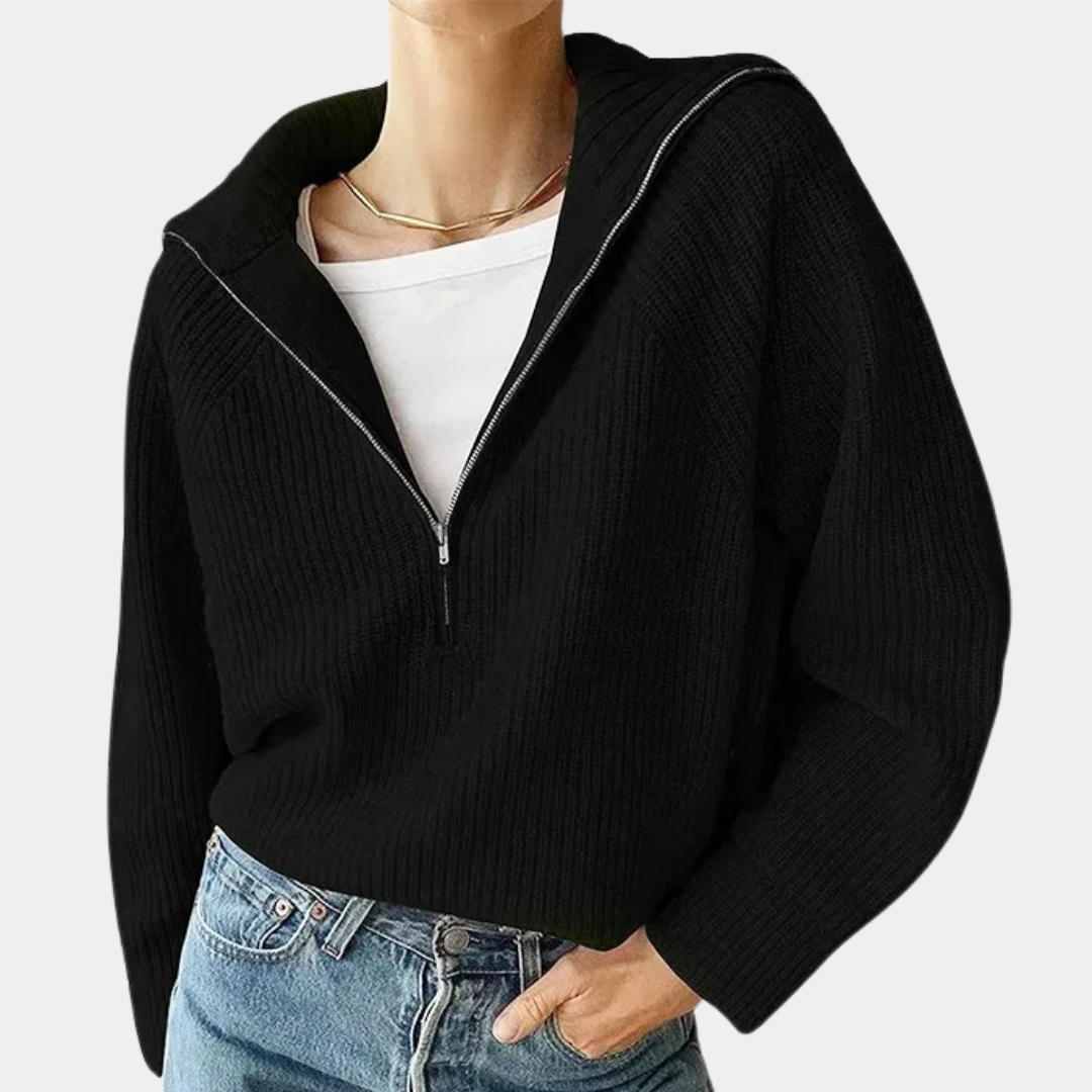 Drune | Halbem Reißverschluss Lockere Passform V Ausschnitt Strickpullover Winterbekleidung für Damen