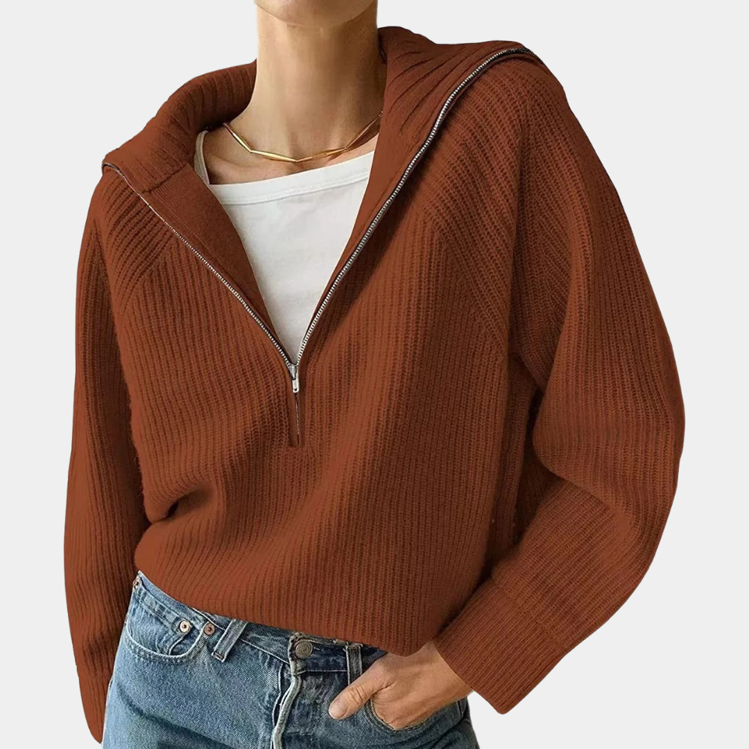 Drune | Halbem Reißverschluss Lockere Passform V Ausschnitt Strickpullover Winterbekleidung für Damen