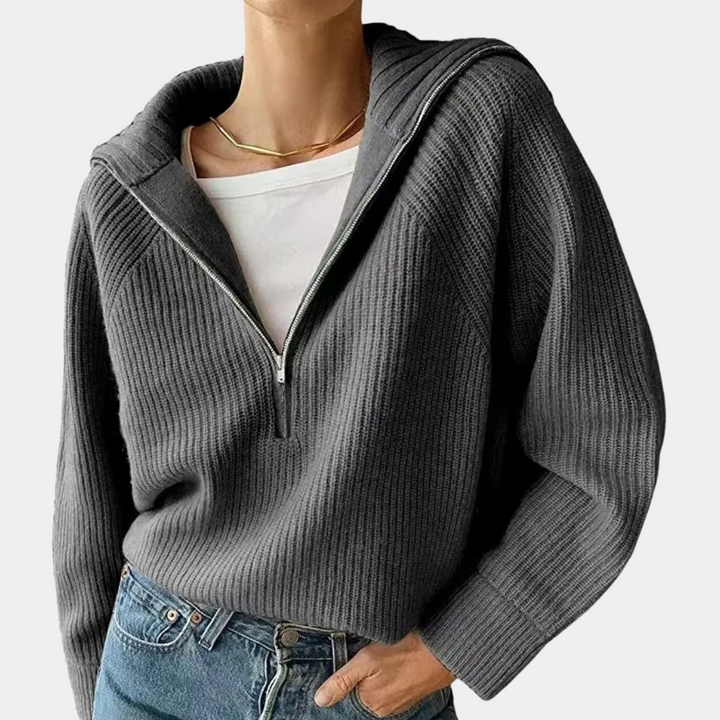 Drune | Halbem Reißverschluss Lockere Passform V Ausschnitt Strickpullover Winterbekleidung für Damen