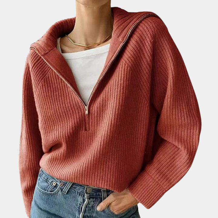 Drune | Halbem Reißverschluss Lockere Passform V Ausschnitt Strickpullover Winterbekleidung für Damen