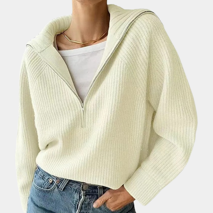 Drune | Halbem Reißverschluss Lockere Passform V Ausschnitt Strickpullover Winterbekleidung für Damen