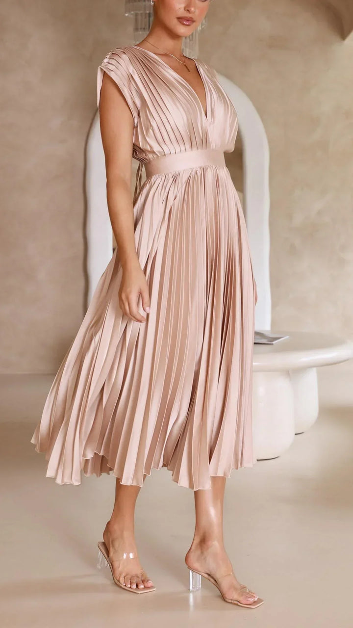 Drune Plissiertes Kleid | Elegantes Mido Damenkleid mit V-Ausschnitt und Rückenbindung