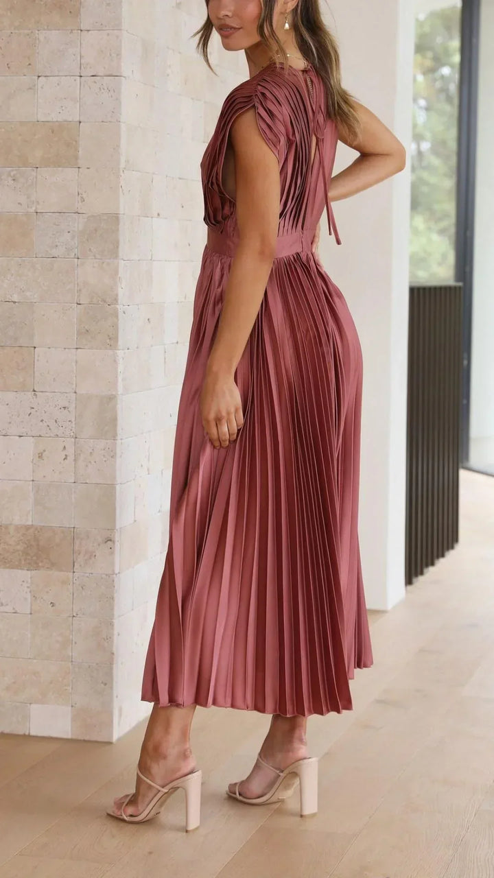 Drune Plissiertes Kleid | Elegantes Mido Damenkleid mit V-Ausschnitt und Rückenbindung