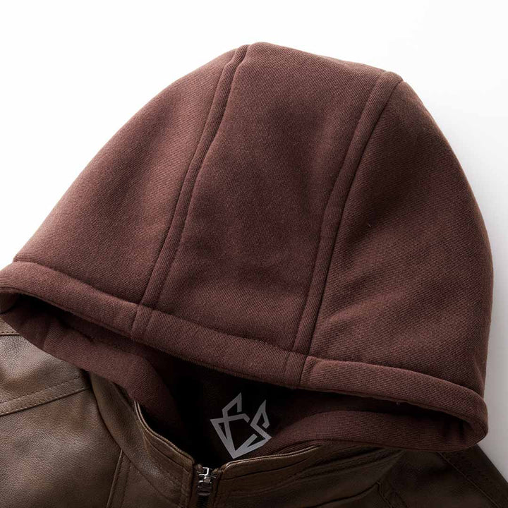 Drune | Urban Streetwear Kunstlederjacke mit abnehmbarer Kapuze - Modische Übergangsjacke für Alltag und Freizeit