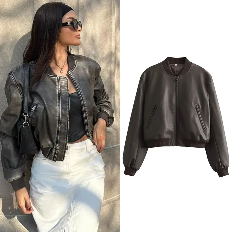 Drune - Vintage PU-Leder Bomberjacke für Damen mit Stehkragen und Frontreißverschluss