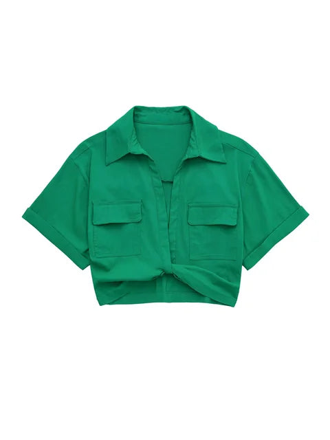 Drune - Damen Vintage Kurzarm Leinen Crop Shirt