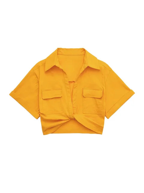 Drune - Damen Vintage Kurzarm Leinen Crop Shirt