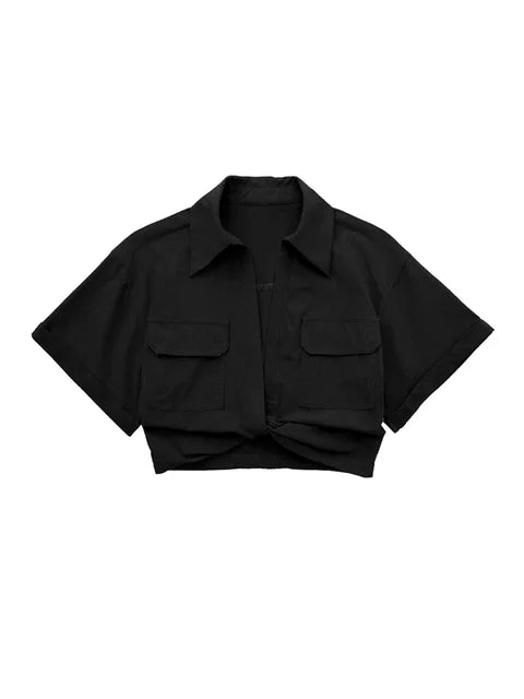 Drune - Damen Vintage Kurzarm Leinen Crop Shirt