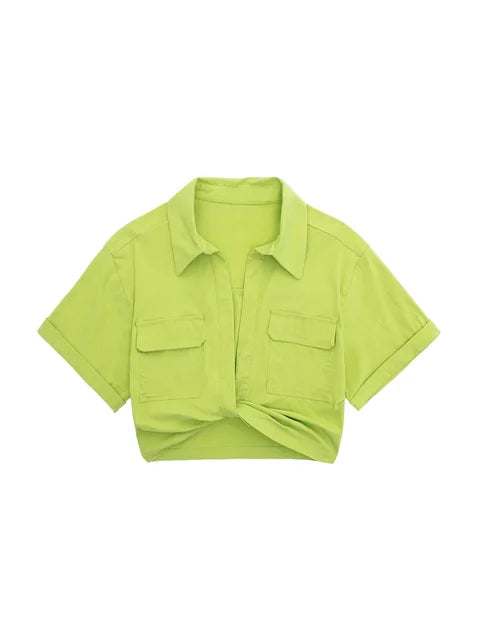 Drune - Damen Vintage Kurzarm Leinen Crop Shirt
