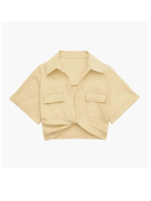 Drune - Damen Vintage Kurzarm Leinen Crop Shirt