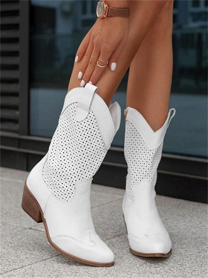 Drune | Cowboy-Stiefel - stilvolle Damenstiefel mit Perforationen und Blockabsatz