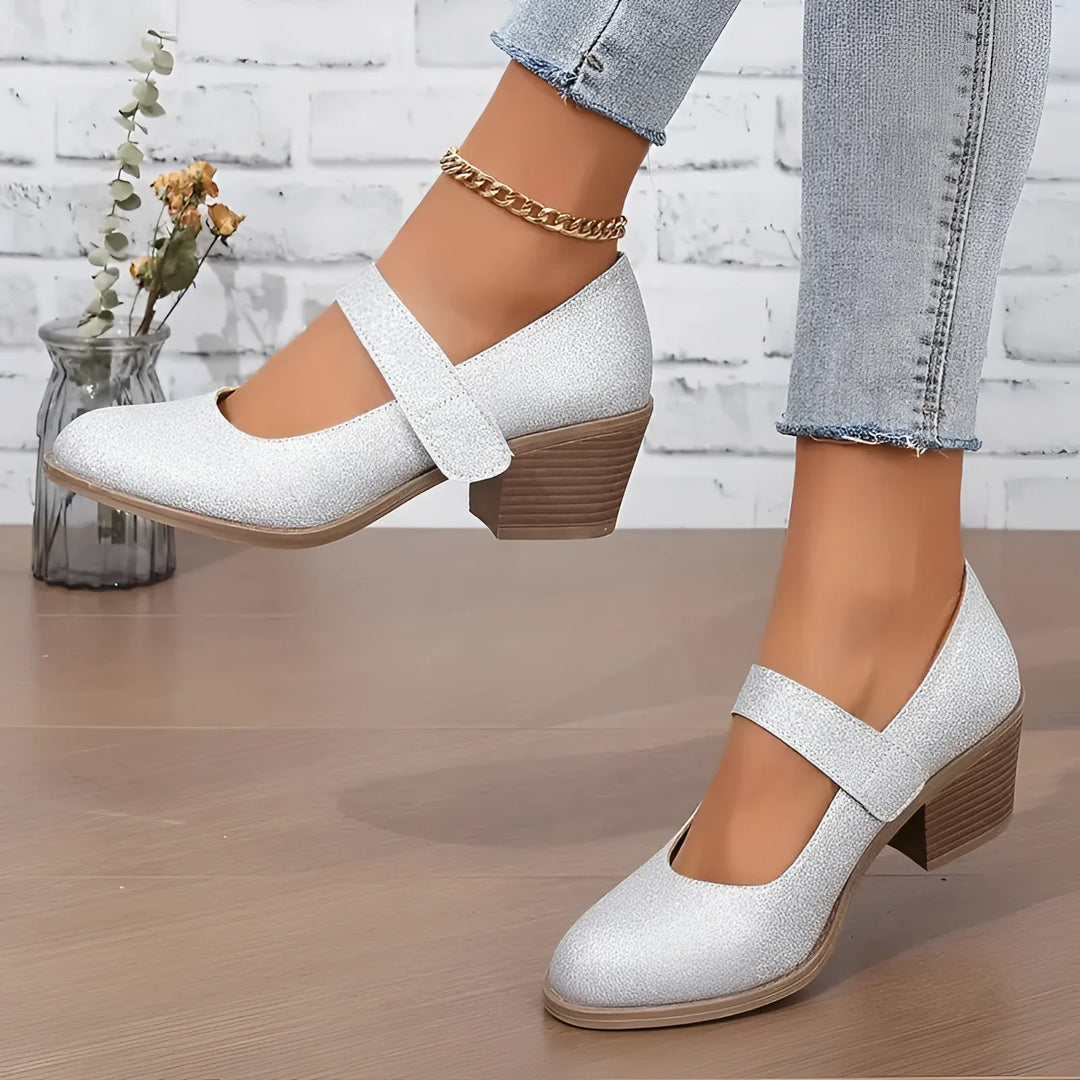 Drune Mary Jane Pumps Silber Blockabsatz Knöchelriemen Abendschuhe