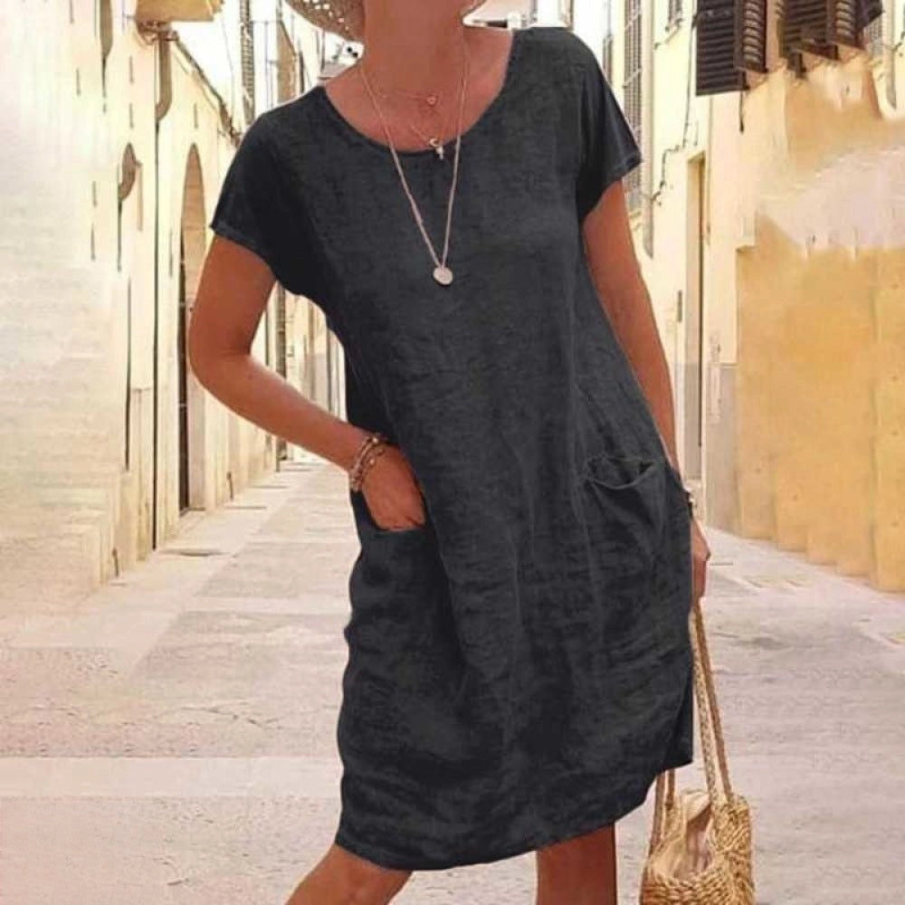 Drune Leinen-Tunikakleid - Kurzarm-Sommerkleid mit Taschen