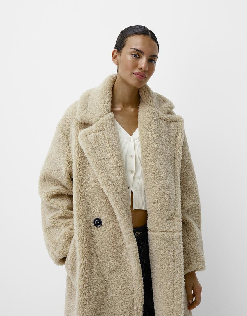 Drune | Damen Teddyjacke mit Reverskragen im langen Modell