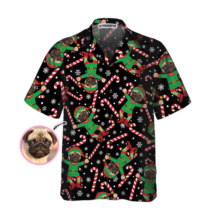 Drune | Das Pug Elf maßgeschneiderte Hawaiian-Shirt, lustiges Pug-Weihnachtshemd für Männer & Frauen, personalisiertes Weihnachtsgeschenk