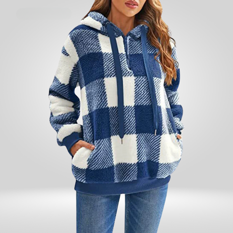 Drune | Kapuzenpullover Weiches Strickmaterial Lockere Passform Halber Reißverschluss Karomuster