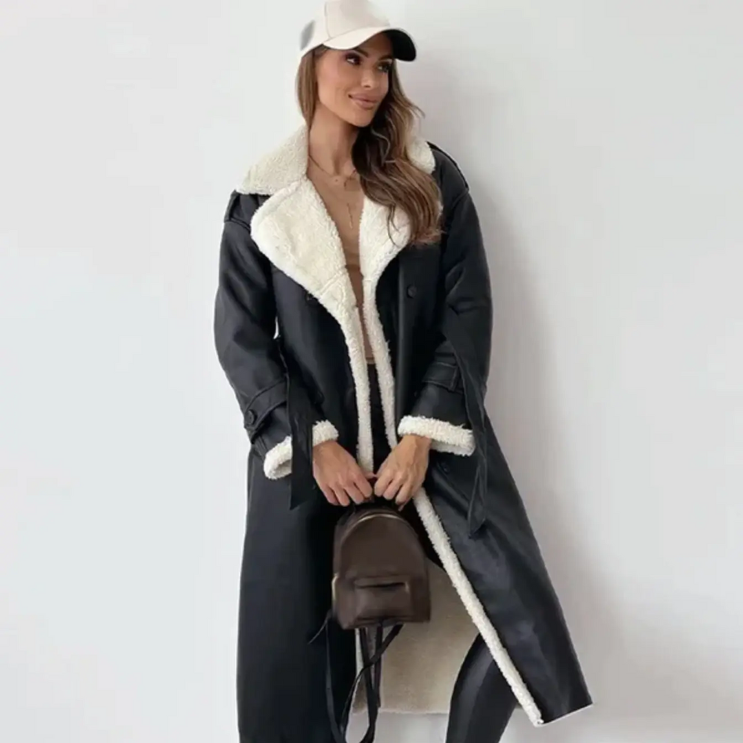 Drune | Trenchcoat Damen Lang Lammfellgefüttert Doppelreiher - Winter