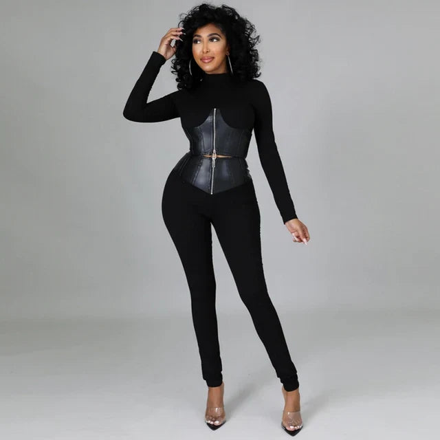 Drune | Zweiteiliges Set mit Kurzem Kunstleder-Korsett und High-Waist-Hose