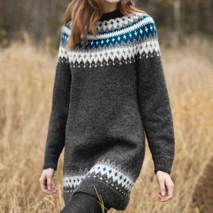 Drune | Kleid - Bedrucktes Langarmstrick-Midi-Kleid