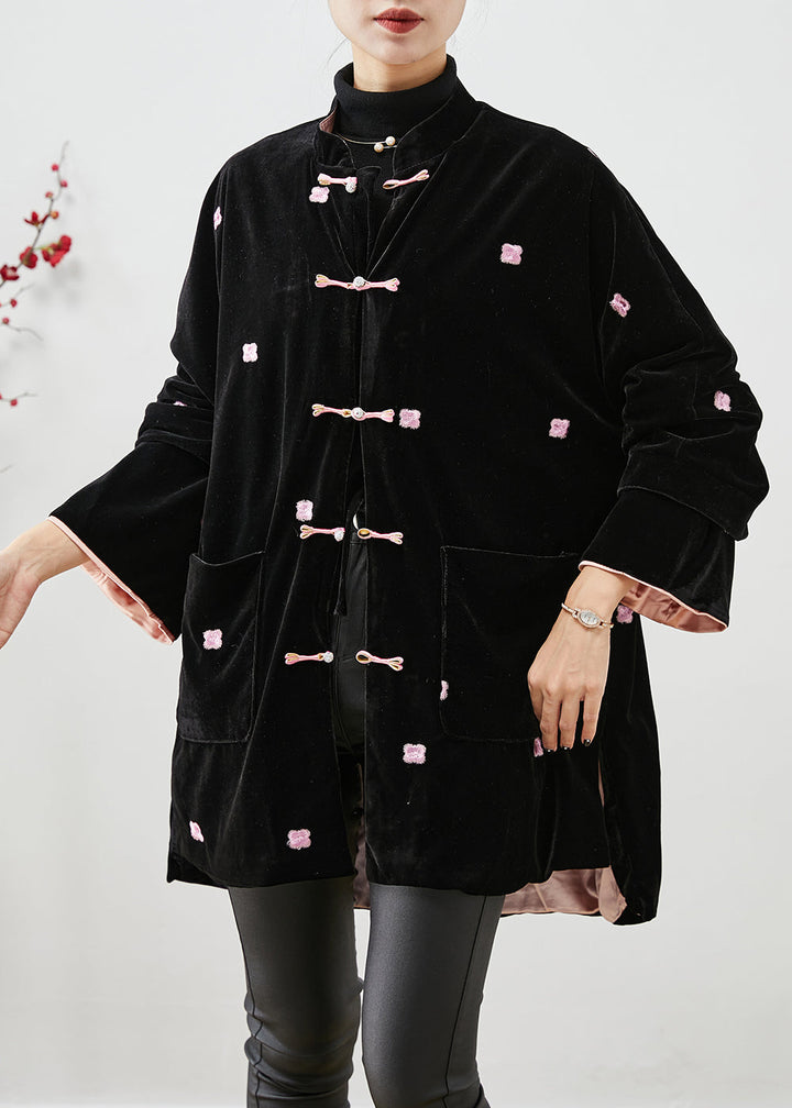 Drune | Schwarze bestickte chinesische Knopf Seide Velours Mäntel Winter