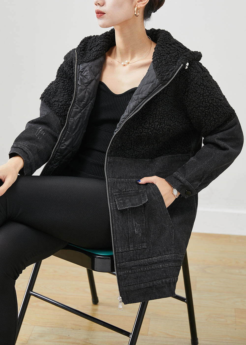 Drune | Schwarze Kapuzen-Patchwork-Woll-Denim-Fine-Cotton gefüllte Jacken Winter