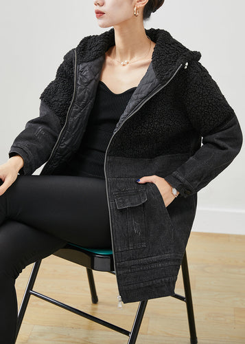 Drune | Schwarze Kapuzen-Patchwork-Woll-Denim-Fine-Cotton gefüllte Jacken Winter