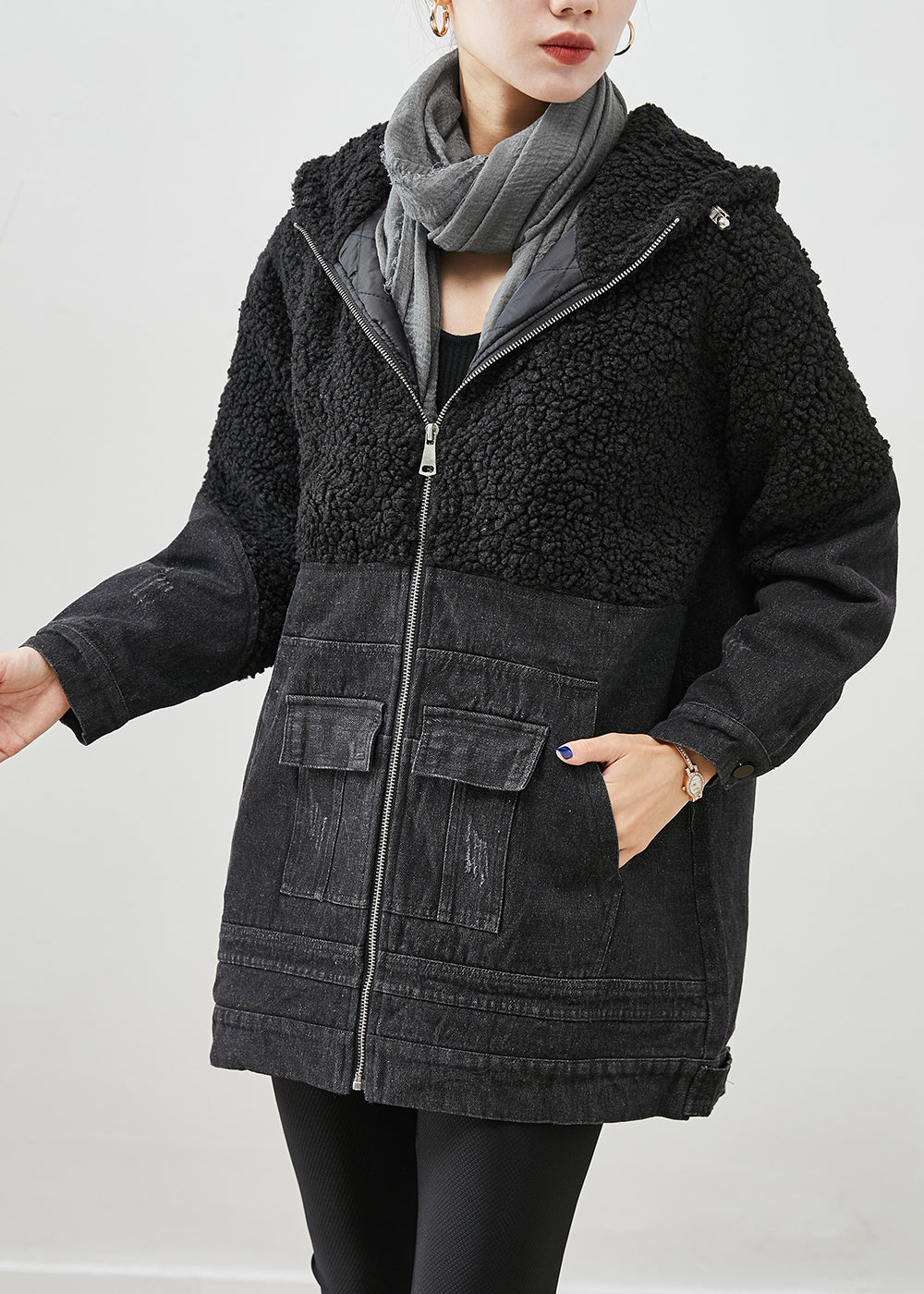 Drune | Schwarze Kapuzen-Patchwork-Woll-Denim-Fine-Cotton gefüllte Jacken Winter