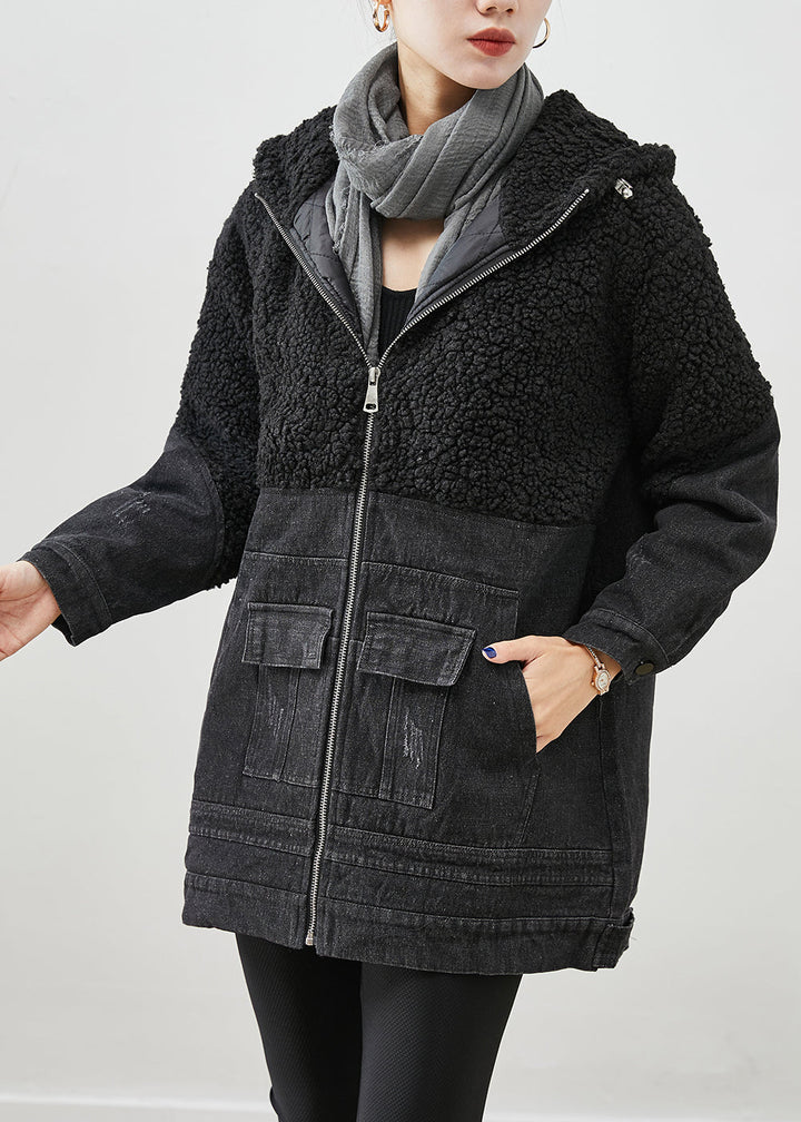 Drune | Schwarze Kapuzen-Patchwork-Woll-Denim-Fine-Cotton gefüllte Jacken Winter