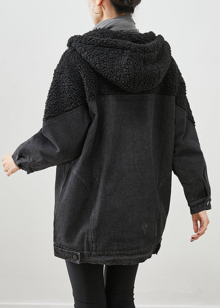 Drune | Schwarze Kapuzen-Patchwork-Woll-Denim-Fine-Cotton gefüllte Jacken Winter