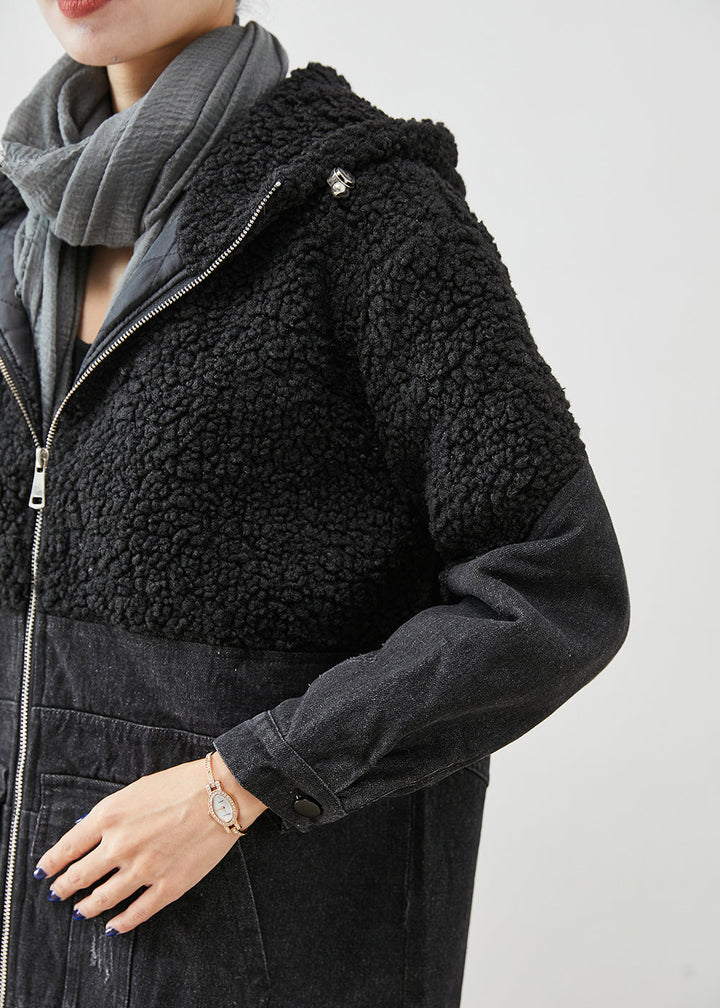 Drune | Schwarze Kapuzen-Patchwork-Woll-Denim-Fine-Cotton gefüllte Jacken Winter