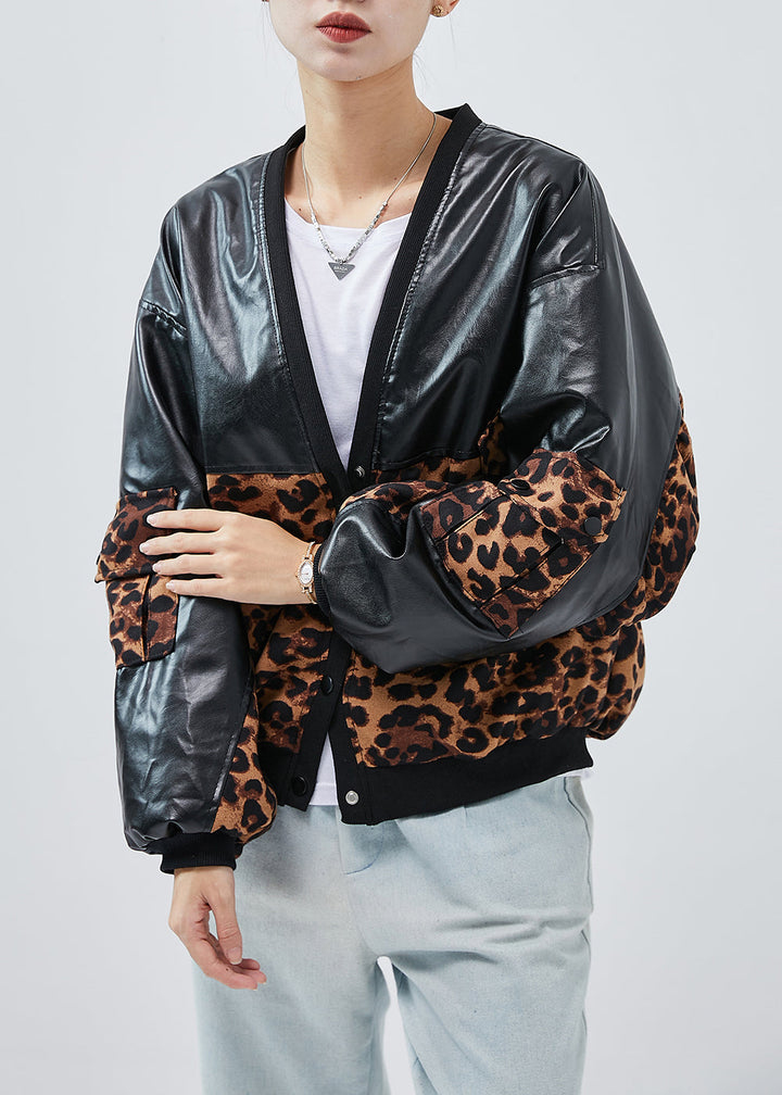 Drune | Schwarze Übergroße Patchwork Leopard Kunstleder Mäntel