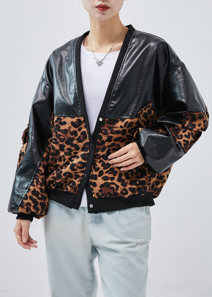 Drune | Schwarze Übergroße Patchwork Leopard Kunstleder Mäntel