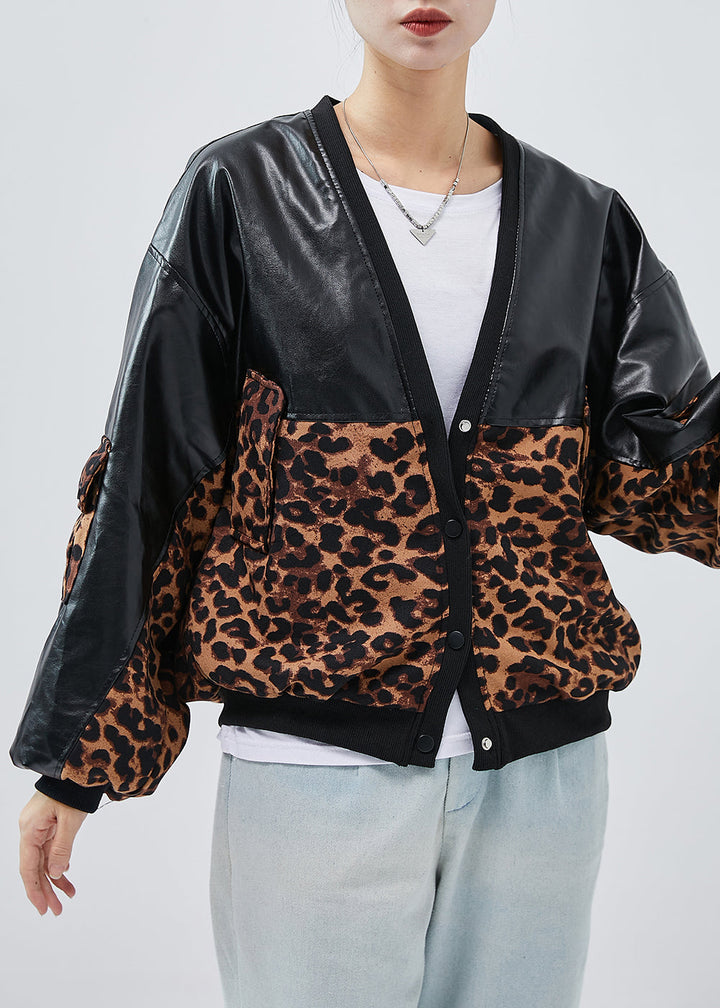 Drune | Schwarze Übergroße Patchwork Leopard Kunstleder Mäntel