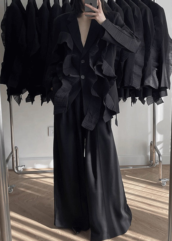 Drune | Schwarzer V-Ausschnitt Patchwork-Mäntel und weite Hosen Zwei-Teile-Set Langarm