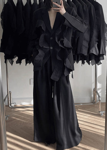 Drune | Schwarzer V-Ausschnitt Patchwork-Mäntel und weite Hosen Zwei-Teile-Set Langarm