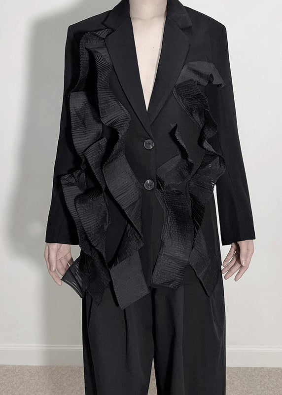Drune | Schwarzer V-Ausschnitt Patchwork-Mäntel und weite Hosen Zwei-Teile-Set Langarm