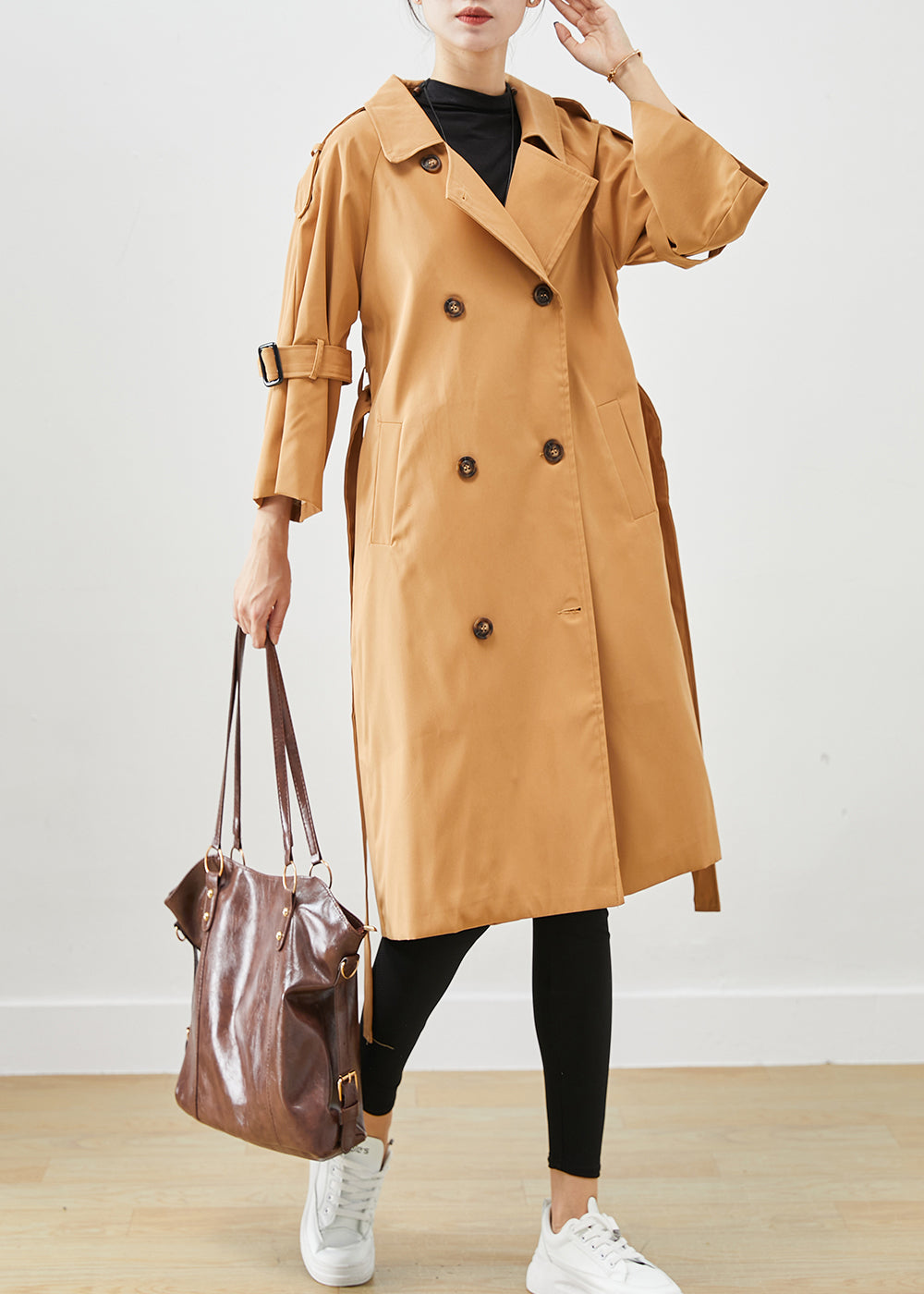 Drune | Khaki Notched Doppelreihige Slim Fit Baumwoll-Trenchcoats