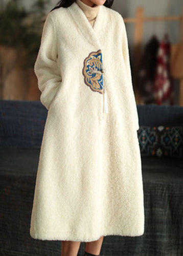 Drune | Weißer V-Ausschnitt Besticktes Patchwork Winter Dicke Mäntel Wollmantel