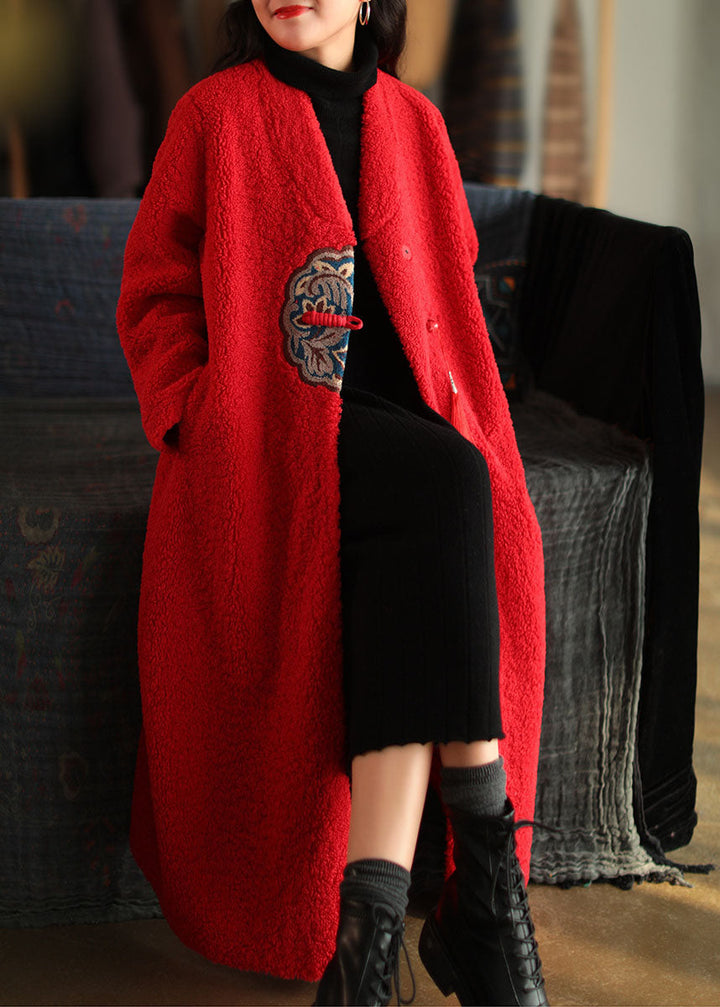 Drune | Weißer V-Ausschnitt Besticktes Patchwork Winter Dicke Mäntel Wollmantel