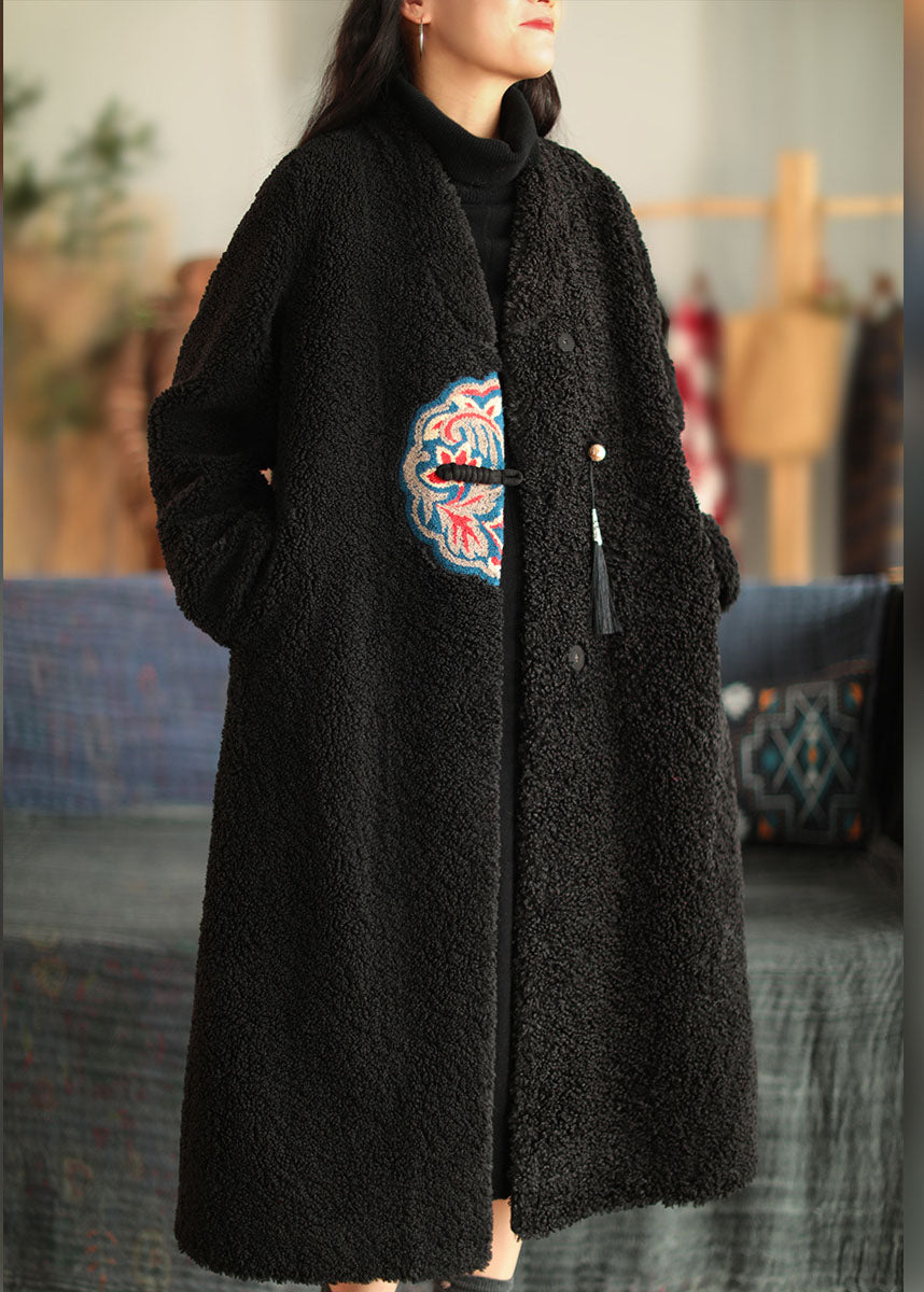Drune | Weißer V-Ausschnitt Besticktes Patchwork Winter Dicke Mäntel Wollmantel
