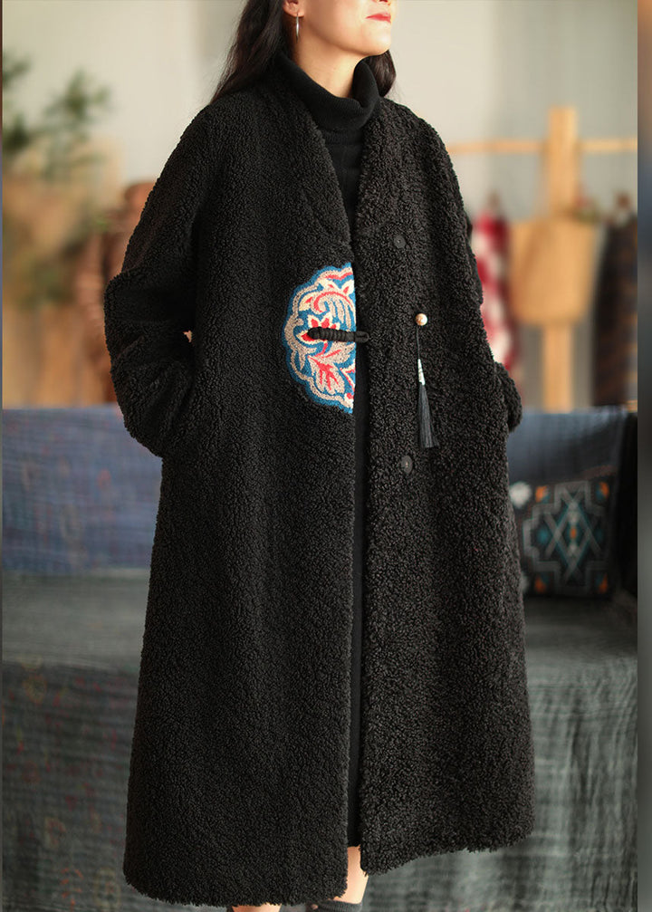 Drune | Weißer V-Ausschnitt Besticktes Patchwork Winter Dicke Mäntel Wollmantel