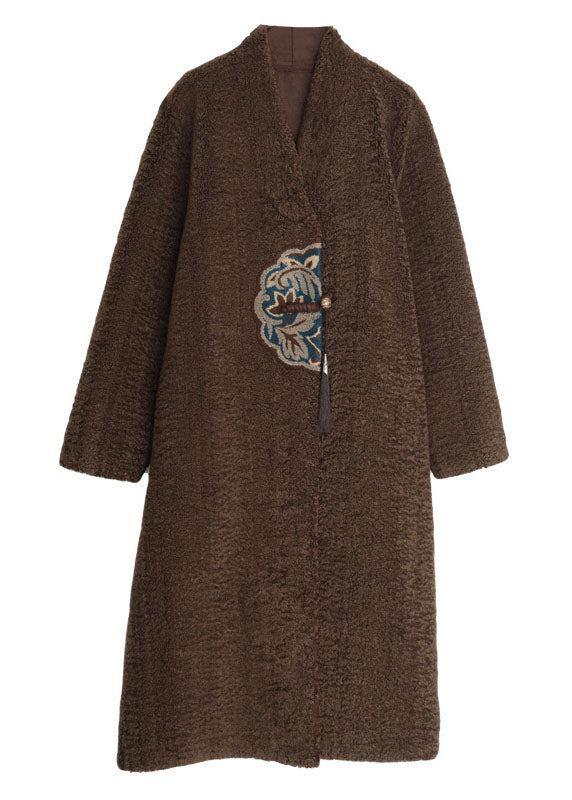 Drune | Weißer V-Ausschnitt Besticktes Patchwork Winter Dicke Mäntel Wollmantel