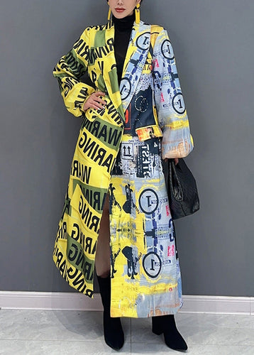 Drune | Gelb Der Presse Stil Druck Taschen Patchwork Baumwolle Mäntel