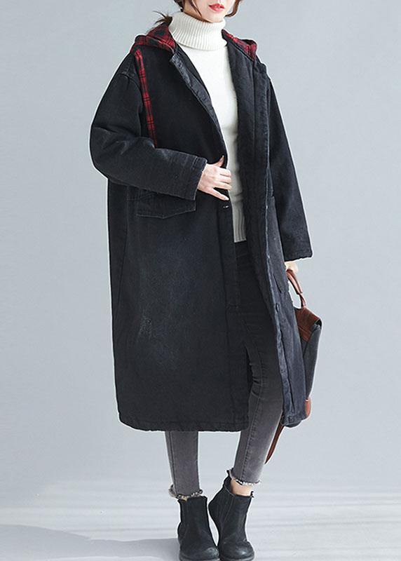 Drune | denim schwarz feine lässige Mäntel Damen Inspiration Kapuzen-Patchwork-Outwears