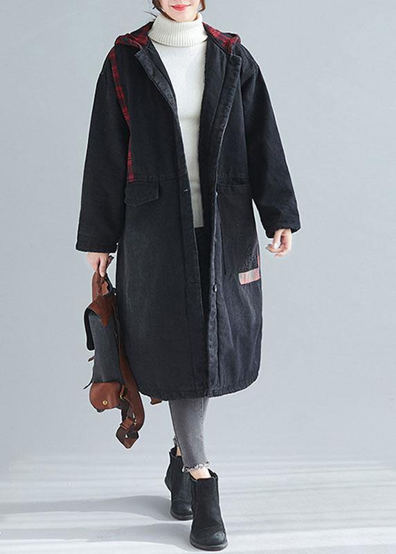 Drune | denim schwarz feine lässige Mäntel Damen Inspiration Kapuzen-Patchwork-Outwears
