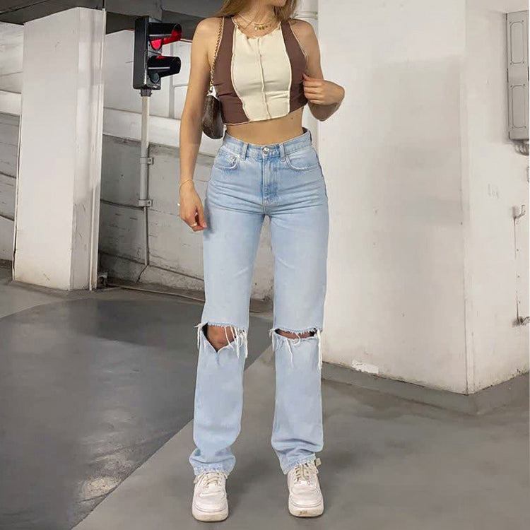 WOLFF Damen Jeanshose Mit Lockerer Passform Zerrissen Weites Bein Hohe Taille Lassige Baggy Jean