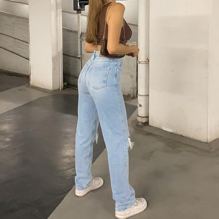 WOLFF Damen Jeanshose Mit Lockerer Passform Zerrissen Weites Bein Hohe Taille Lassige Baggy Jean