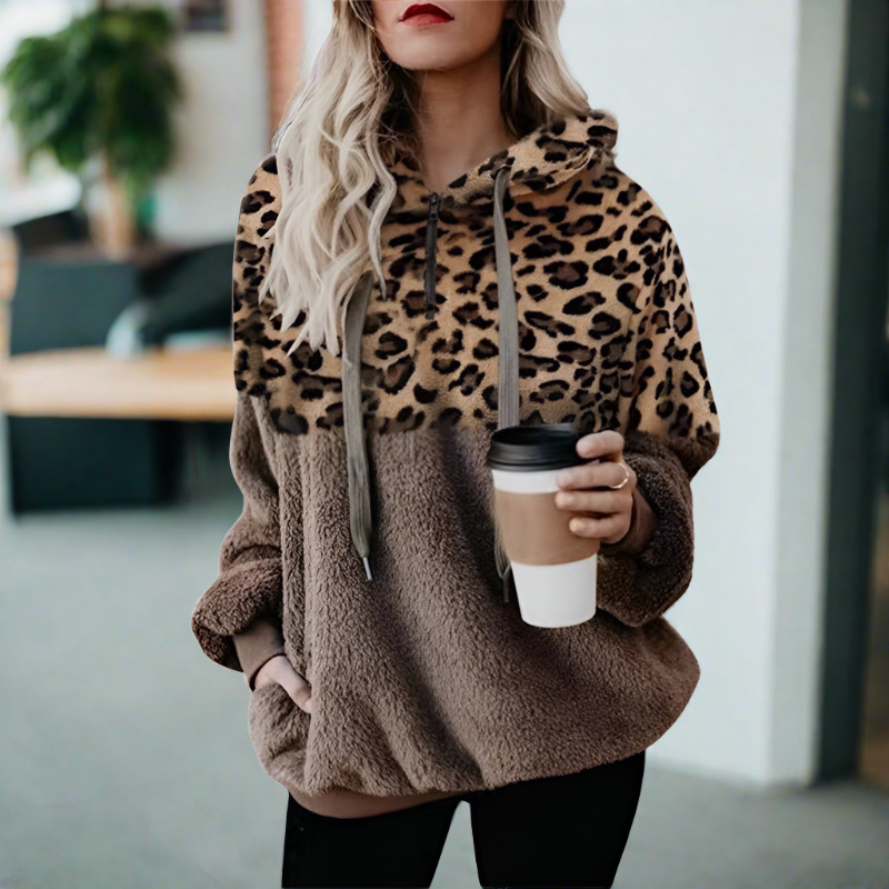 Drune – Lässiger, einfarbiger Plüsch-Hoodie mit Tasche und Leopardenmuster