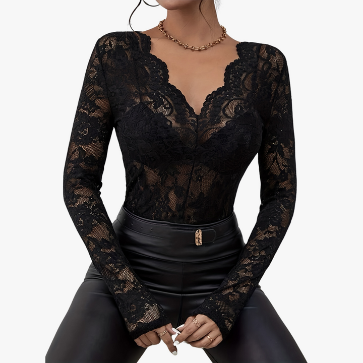 Drune | Elegantes V-Ausschnitt Top Mit Langen Ärmeln Und Spitze Für Damen