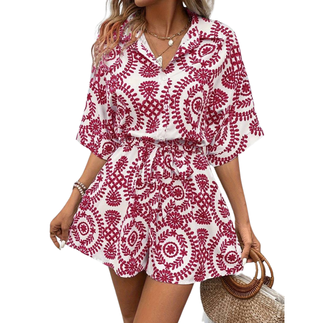 Drune Jumpsuit -  Weinlese - Kurze Ärmel mit Gürtel